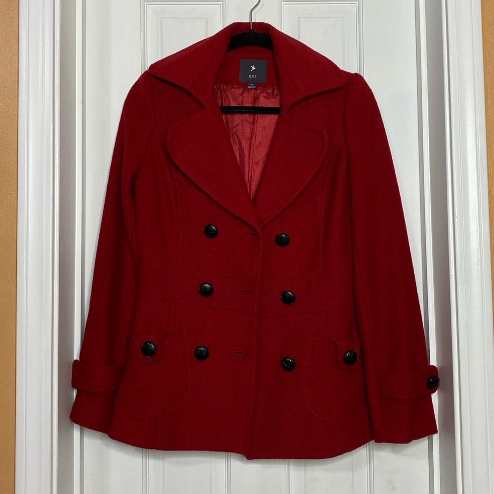 Red peacoat with black accents